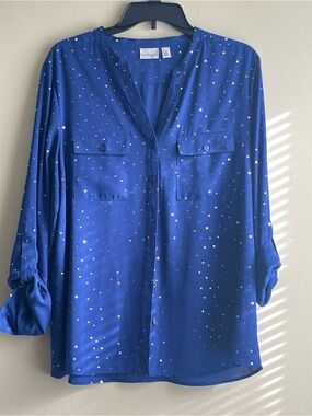 Kim Rogers Royal Blue Metallic Dot Button-Front Blouse